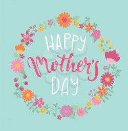 Happy Mothers day sign. Flowers all around on a turquoise background.